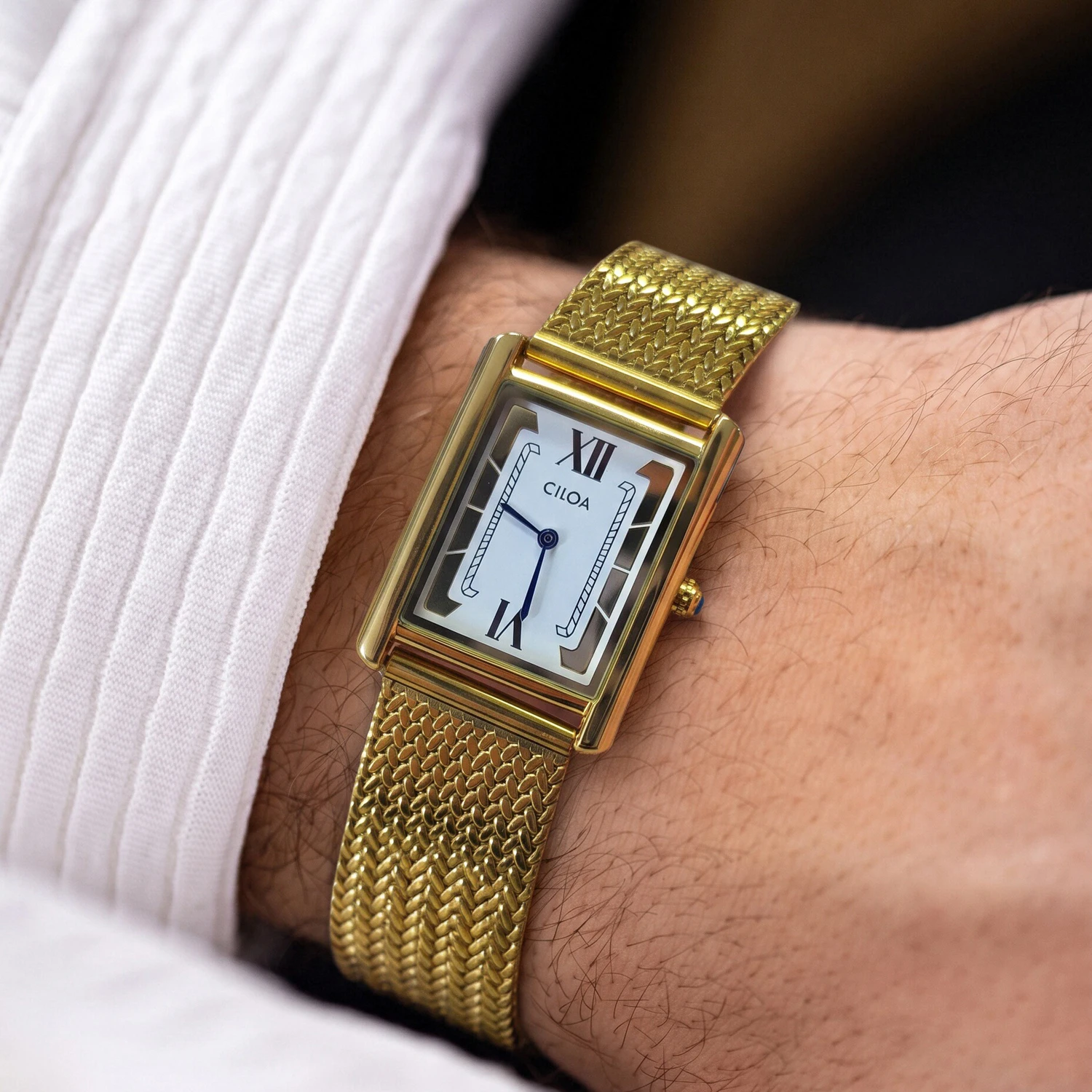 CILOA-Vintage Quartz Watch For Men Rectangle Tank Case Roman Numeral Dial Mesh Metal Strap Analog Wristwatch-572