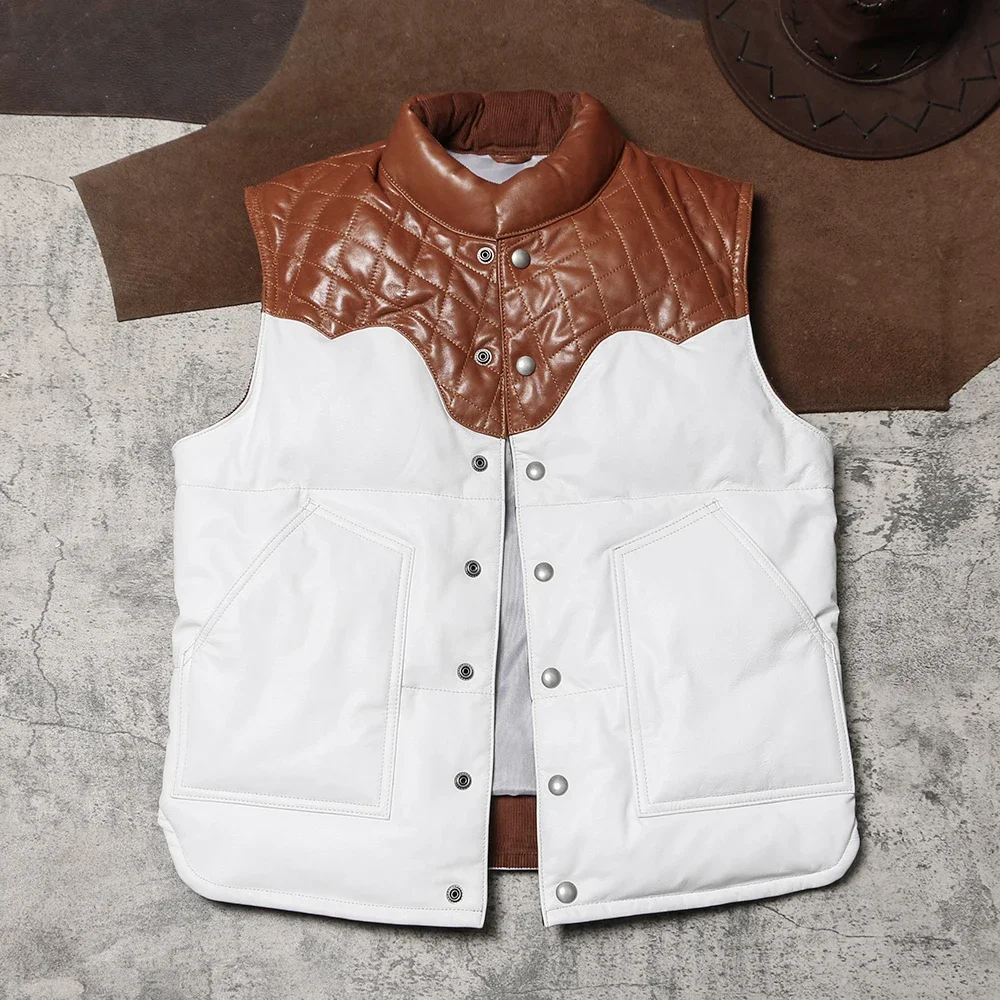 A  California Bear Orange White Contrasting Leather Vest Down Jacket Unisex Warm Cowhide Shoulder Leather Duck Down Horse Clip