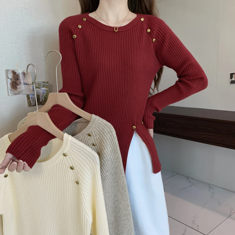 Autumn and Winter unbalanwork armbutton point long sleeve round neck knit women sweater KN1859