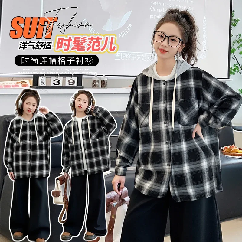 

7-15 Years Old2025 Spring And Autumn 7-15 Years Old Fashion Hooded Plaid Shirt Casual Loose Personality Trend Versatile