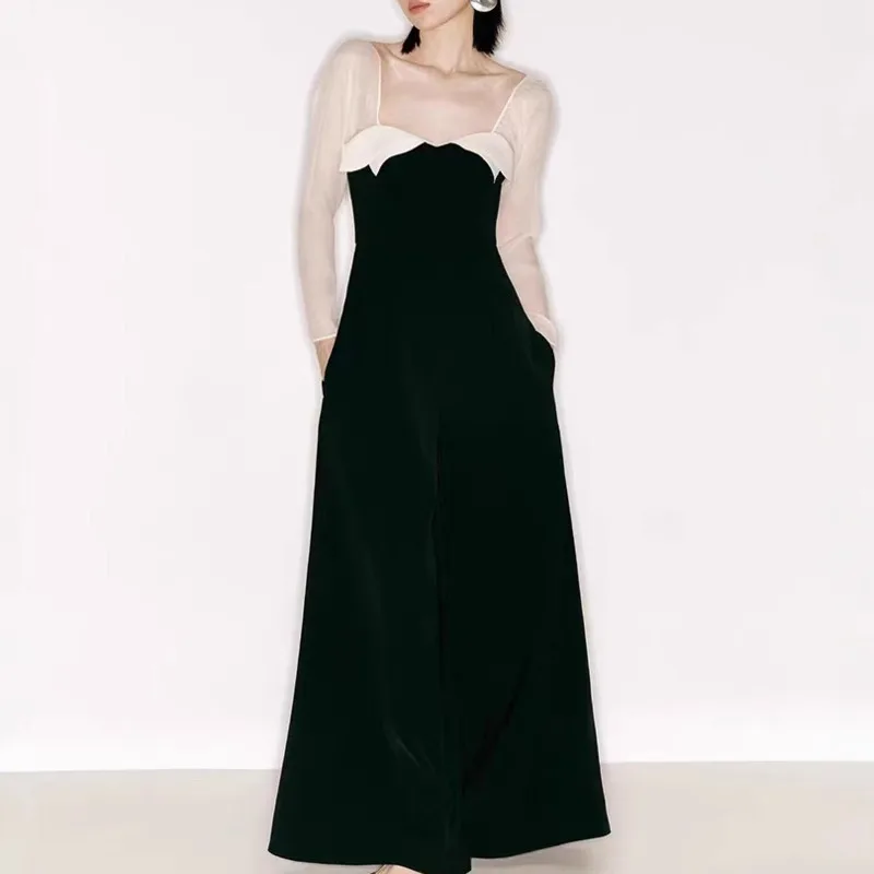 QMQA موضة المرأة بذلة أنيقة الراقية الألوان المتناقضة المتخصصة عالية الخصر التخسيس واسعة الساق حللا 2025 أنثى QM476