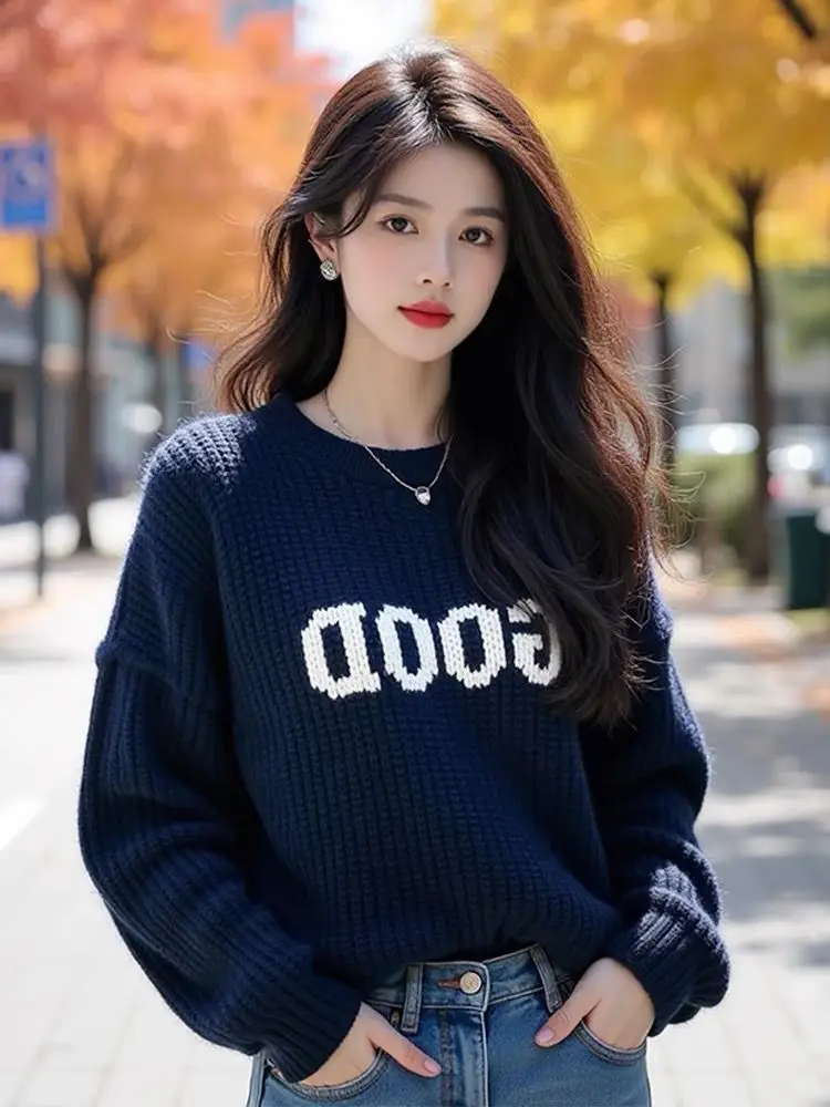 Deep Blue Letter Thick Thread Sweater for Women with a Lazy and High-end Feel Unique Heavy-duty Knitted Sweater Top