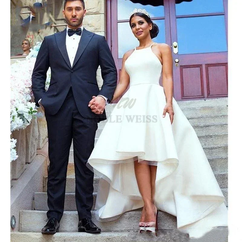 Modest Einfache Brautkleider Hallo Low Halter Neck Satin A-linie Ärmellose Günstige Hochzeit Formale Strand Brautkleider