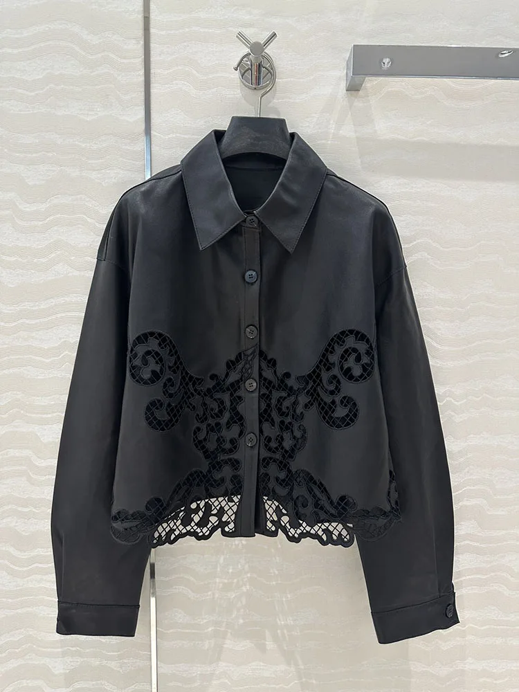 

Designer Spring Summer Black Leather Jacket Women's Lace Embroidery High Quality Coat