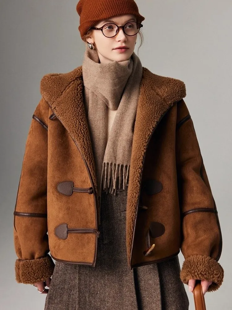 Winter Women Lambswool Coat Casual Loose Fit Horn Button Hooded Faux Suede Jacket Warm Ladies Vintage Sheep Shearing Outerwear