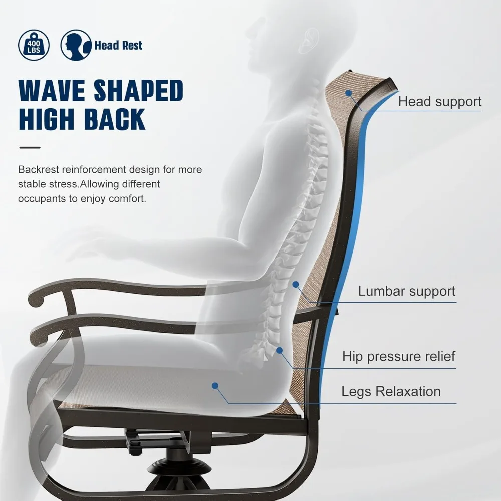 طقم كراسي طعام دوارة عالية الظهر للاستخدام الخارجي مكون من قطعتين، قماش نسيجي مقاوم للطقس، كراسي هزاز بإطار معدني