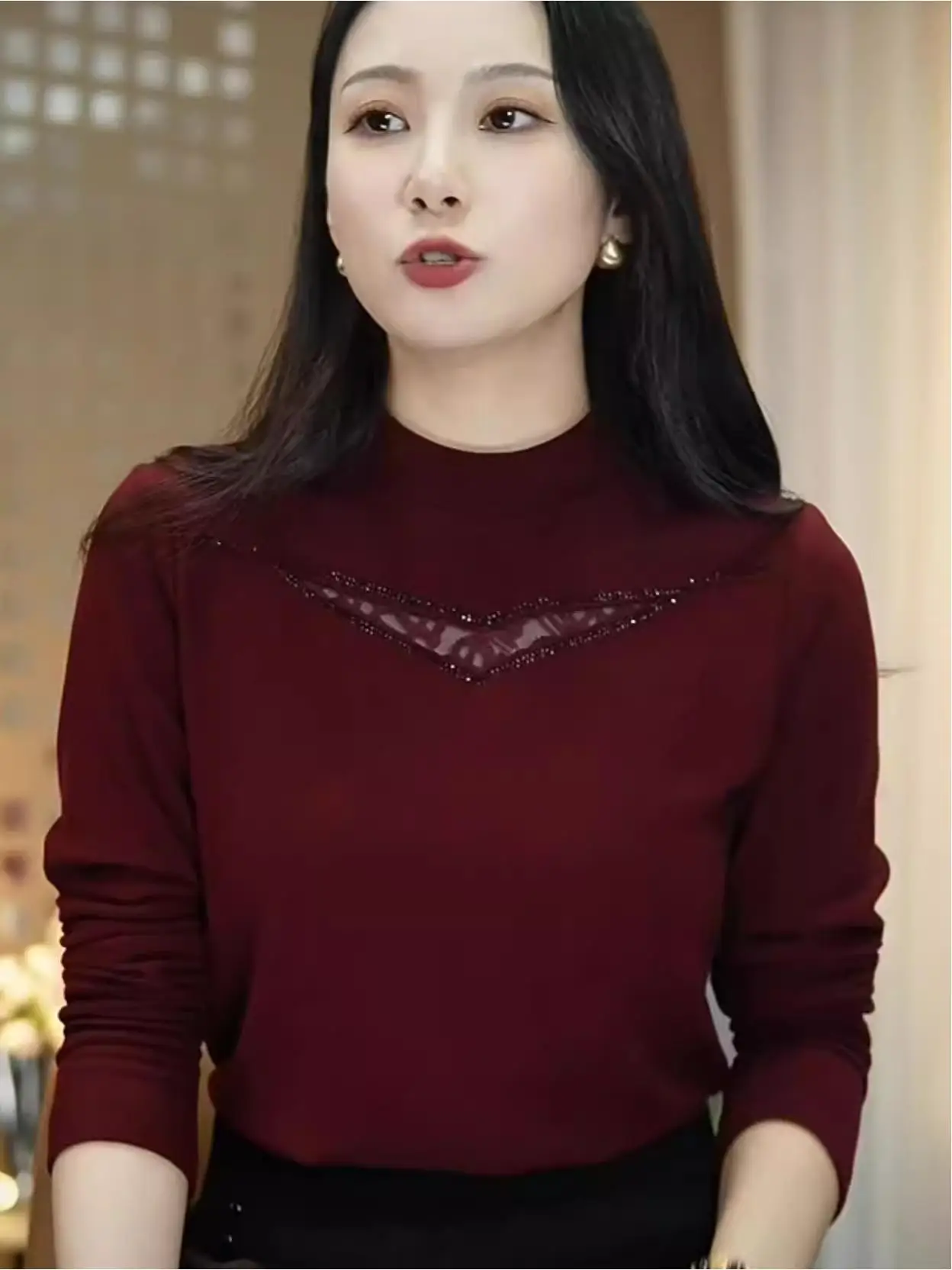 

Женская модная футболка с высоким воротником, вырезами и стразами, свободного кроя, с длинными рукавами, эластичная, повседневная, осенне-зимняя коллекция