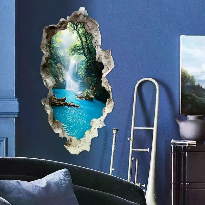 Broken Wall Hole Art Mountain Forest Scenic Wall Sticker For Home Aesthetic Room Landscape PVC Mural Decal Supply For Daily Use