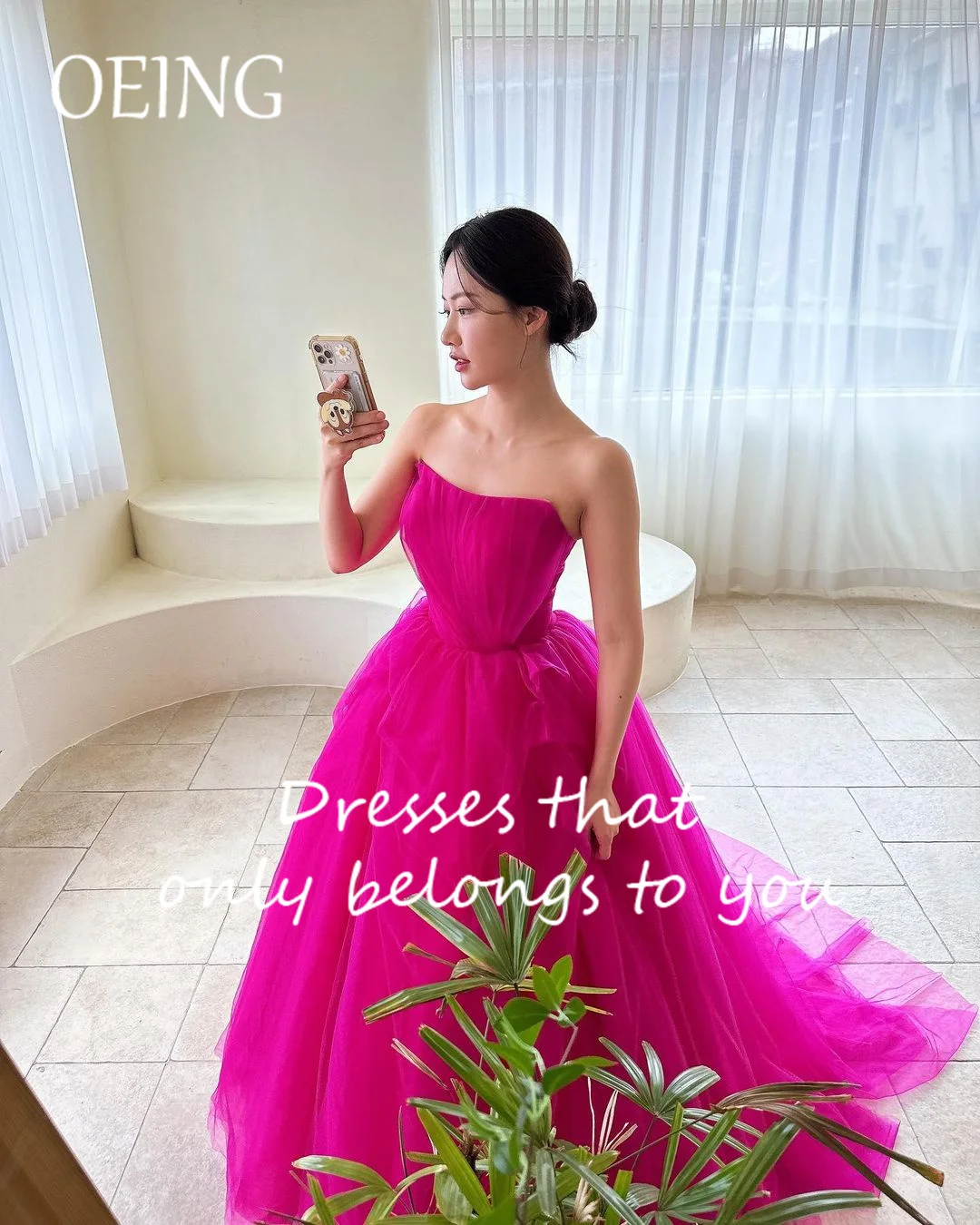 OEING One Shoulder Korea Garden Evening Dresses Pleat Sleeveless Formal 프롬드레스 Floor Length Elegant Prom Gowns Party Women Bride