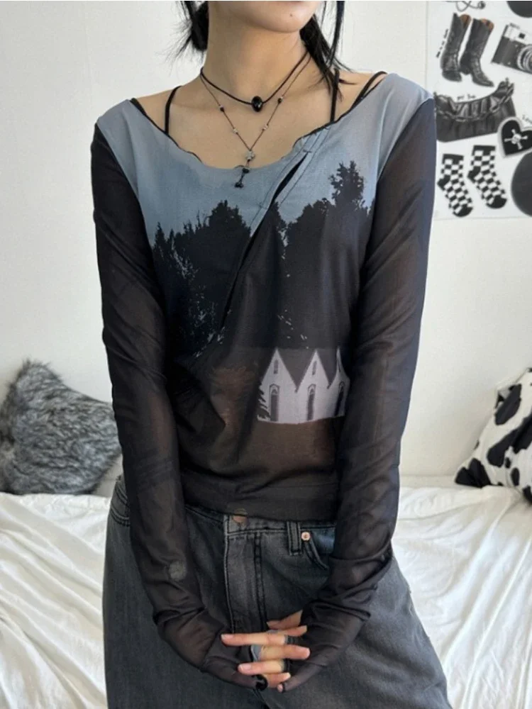 Y 2K Esthetische Harajuku Slanke Vrouwen T-Shirt Doorzien Gaas Vintage Print Crop Top Zomer Lange Mouw Mode Bodemshirts