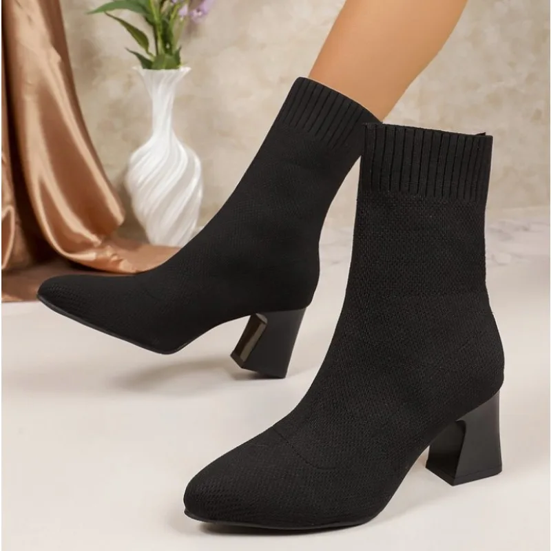 Fashion Round Head Stretch Sock Boots 2026 Summer Thick Heel Elastic Socks Boots New Medium Tube High Heels Simple Ankle Boots