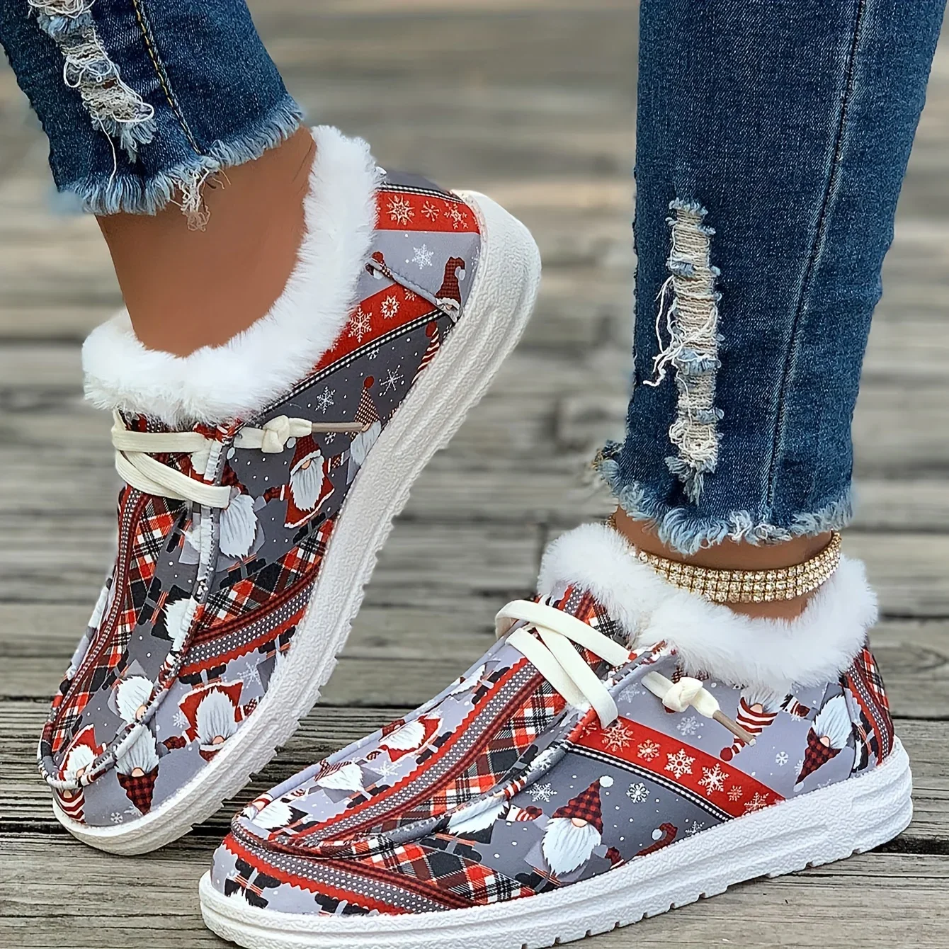 Women Christmas Dwarfs Print Fashion Snow Boots Christmas Style Plus Plush Skateboard Shoes Winter Flats Sneakers