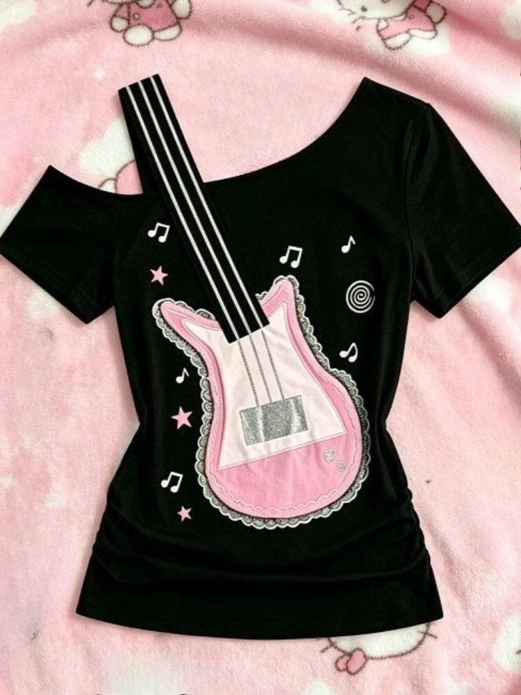 Retro Subculture Spice Girl Black Guitar Notes Off Shoulder Printed Short-sleeved Shirt Summer Y2k Rock Oblique Collar T-Shirts