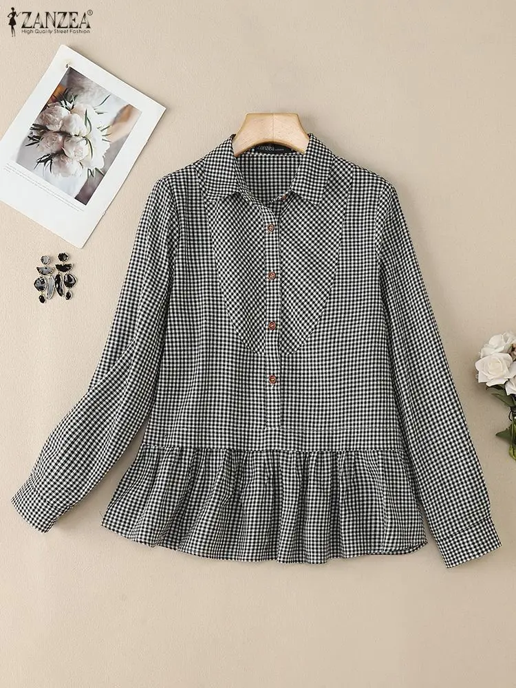 

2025 Autumn Plaid Shirts ZANZEA Office Women Blouse Casual Long Sleeve Tops Lapel Neck Button Blusas Retro Female Chemise Mujer