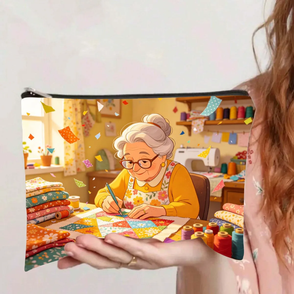 Cute Sewing Grandma Print Cosmetic Bag Portable Zipper Makeup Pouch Quilting Lover Travel Toiletry Storage Bag Craft Gift