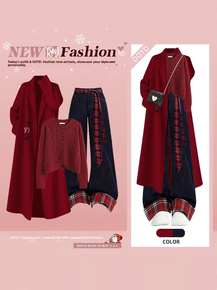 

Red Knitted Cisas New Year Set with Belt Long Pants Winter Faion Casual Sle Tee Pieces Women's Ensemble Long Sve...