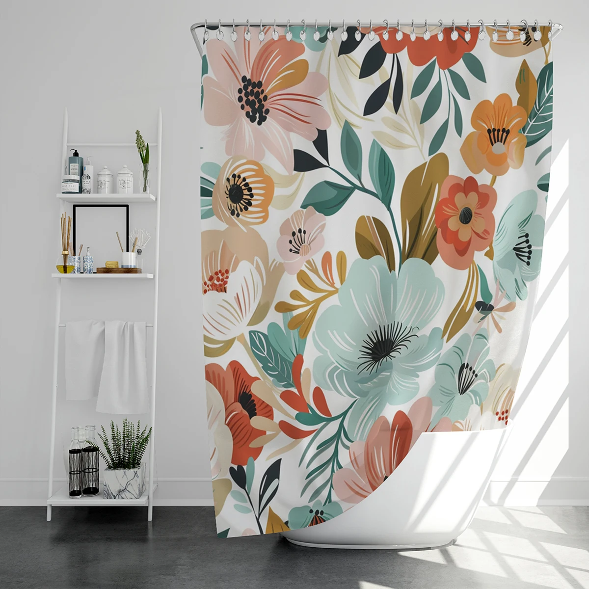 1 pc red floral pattern polyester material shower curtain waterproof fabric, thickened anti mold partition curtain for bathr