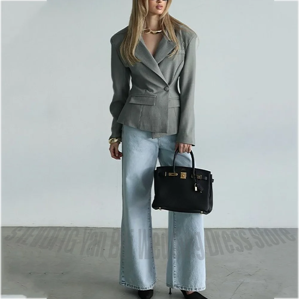 Stylish Grey Women's Suit 2 Piece Tailored Fit Single Button Jacket Denim Pants Straight Outfit Casual Daily Fashion Streetwear