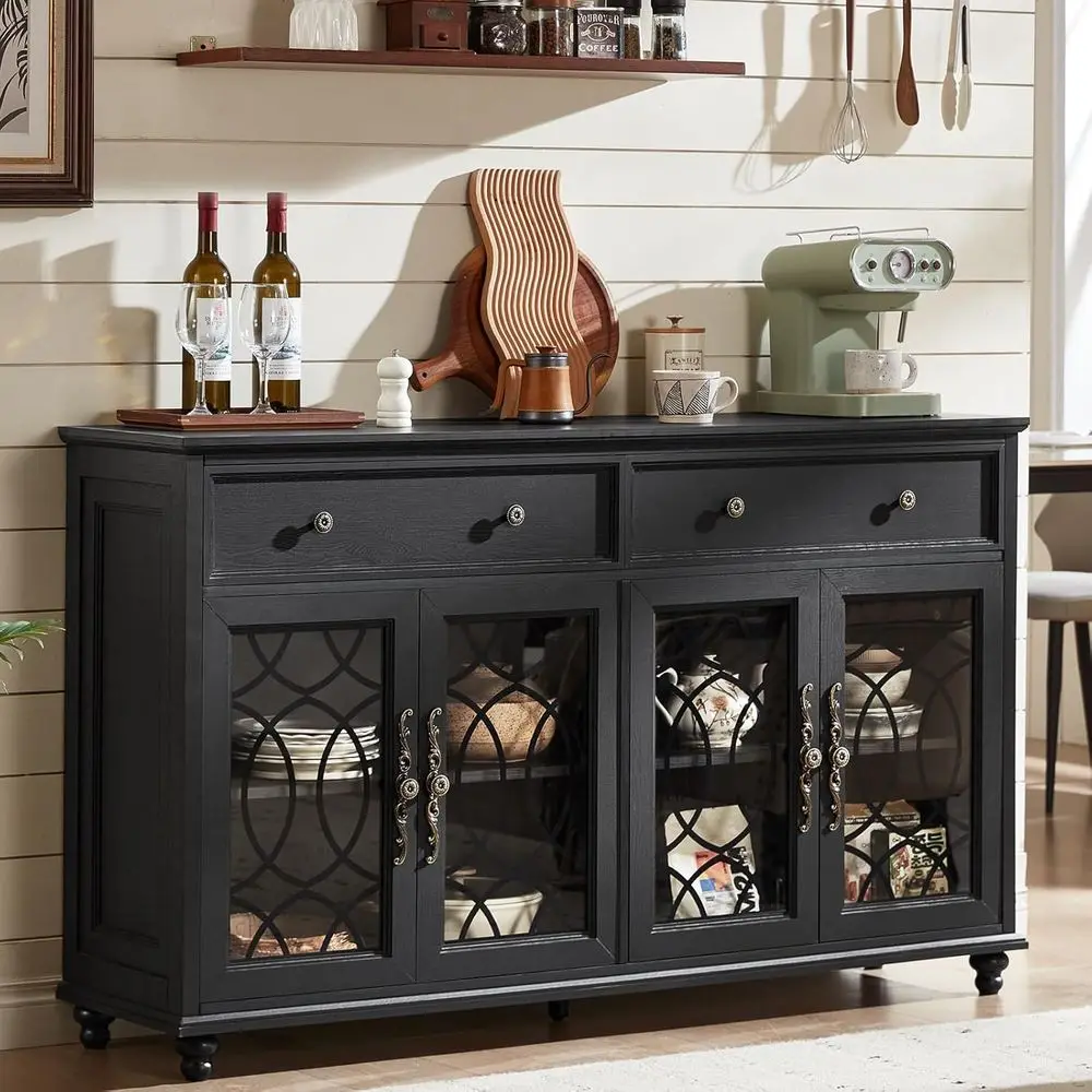 

Буфет-сервант в стиле амбарный шкаф с местами для хранения, 59 дюймов, большой, с 4 стеклянными дверцами и 2 ящиками, регулируемые полки, деревянный кухонный шкаф-тумба