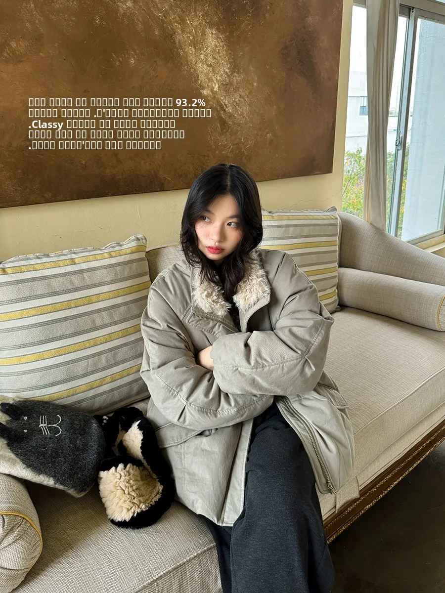 

Slimming Effect Goose down Woolen Casual Parka Lightweight Cotton Pure Color Zipper Closure Mid-Length Loose Fit Durable Coat