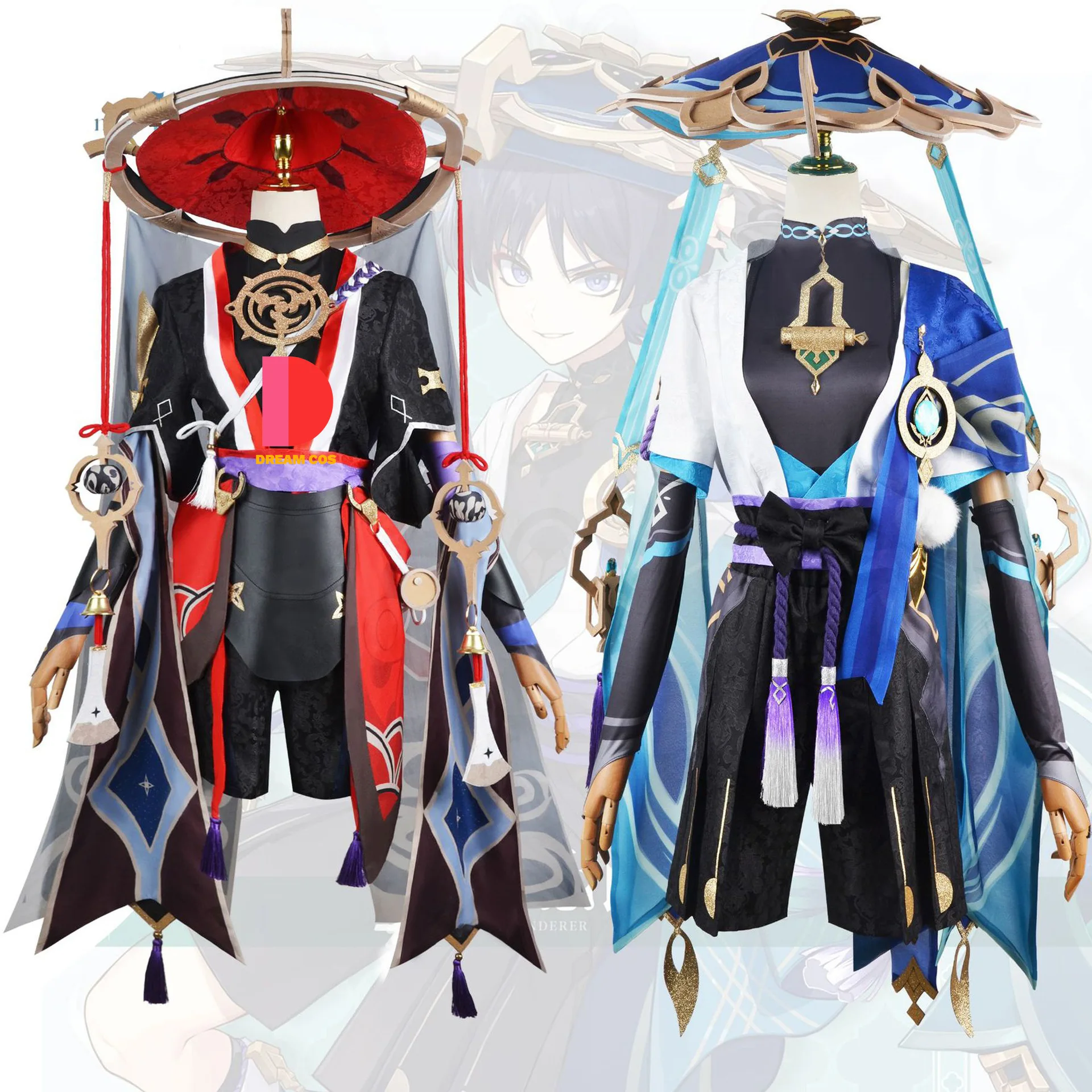 Genshin Impact elegante Scaramouche Cosplay Wanderer Kostüm Perücke Hut komplette Set Anime Halloween Uniform für Männer mit Accessoires