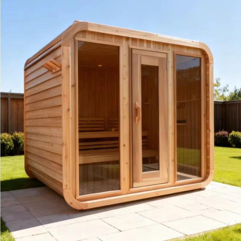Customized 4-6 Person Outdoor Solid Cedar Wood Cube Sauna Room Traditional Steam Sauna with Transom Windows Design