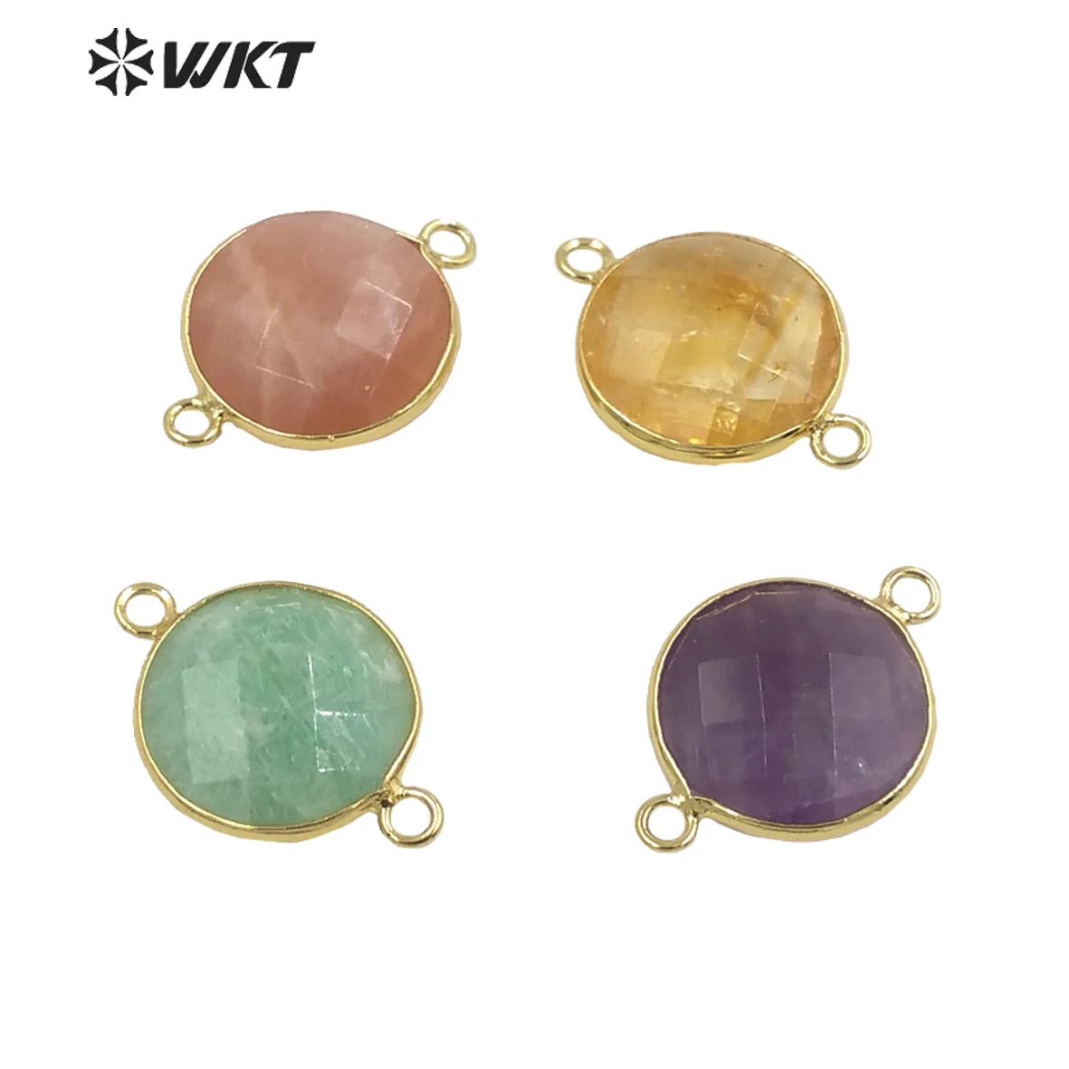 WT-C314 Newest Round Double Faceted 18k Gold Bezel Natural Colored Stone Jewelry Connectors INS Hot DIY Loops Pendants