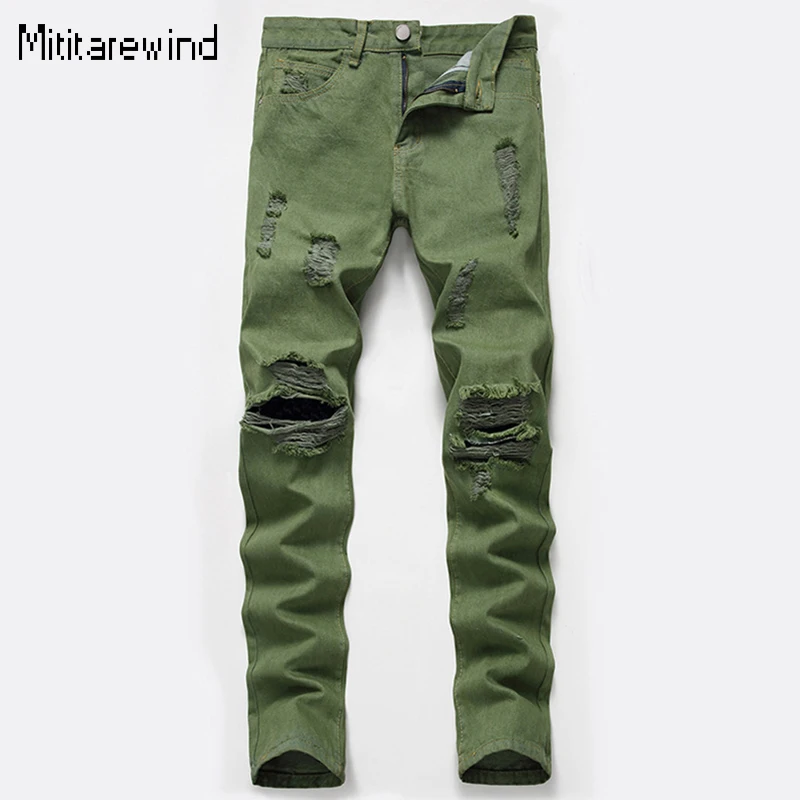 

High Street Ripped Jeans for Men Four Seasons Causal Denim Pants Personalized Green Straight Jeans Youth Fashion Youth Trousers