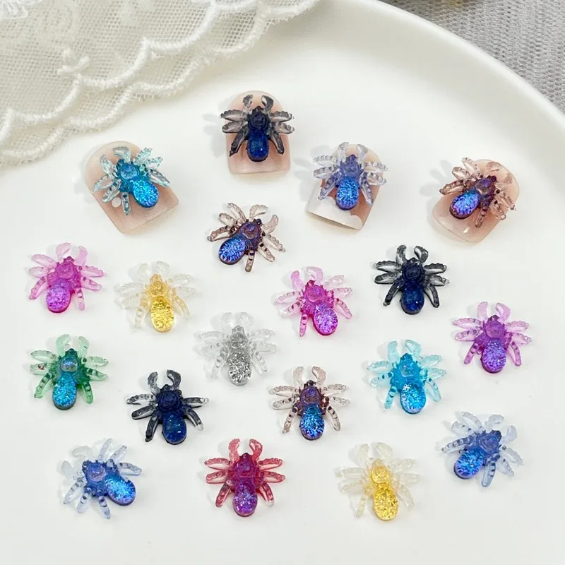 LLY 20Pcs Colorful Mini 3D Spider Resin Flatback Charms Halloween Spooky Cartoon Insect DIY Wearable Nail Art And Hair Clip Set
