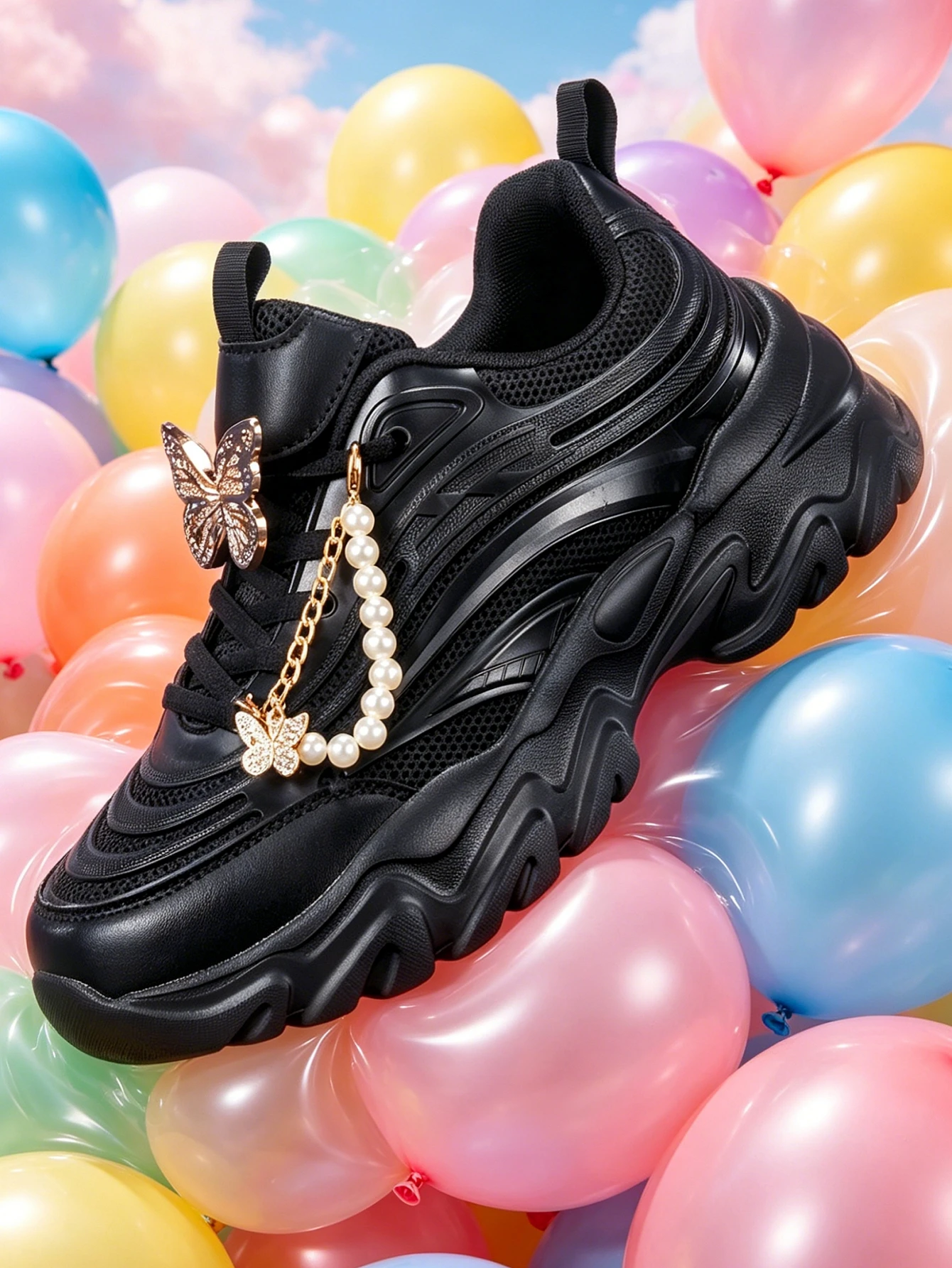 Women's Thick-Soled 5cm Height-Increasing Black Dad Shoes, Y2K Sweet-Cool Spicy Girl Style, Butterfly Pearl Chain Decoration, Casual Sneakers, All-Season Mesh Breathable Patchwork Upper, Soft Sole, Lightweight, Unique Design, Student-Friendly, Campus Daily Commute, Versatile Trendy Women's Shoes