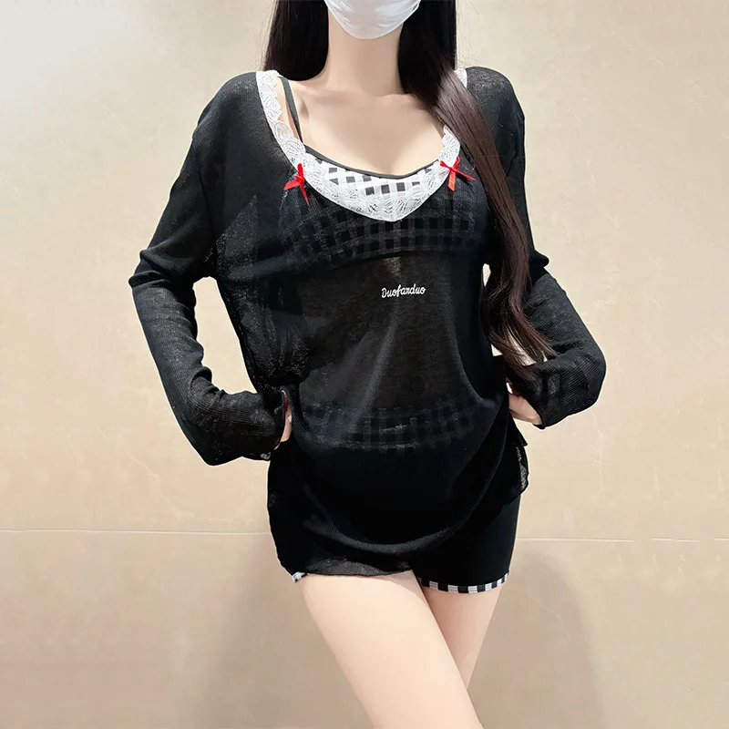 

sexy kpop plaid print shorts bikinis sets three pieces with long sleeve lace loose cover smock cute swimsuits biquini tankini