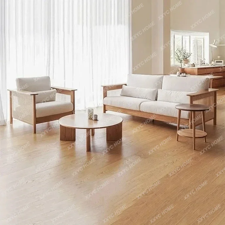 

solid wood rattan fabric sofa log ins style modern small apartment living room double triple
