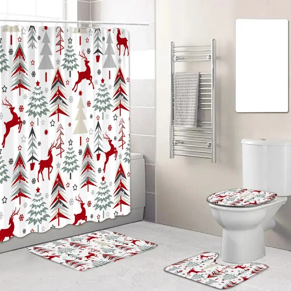 Christmas Shower Curtains Set Cartoon Snowman Xmas Tree Snowflake Child New Year Bathroom Decor Bath Mat Non-slip Rug Toilet Lid