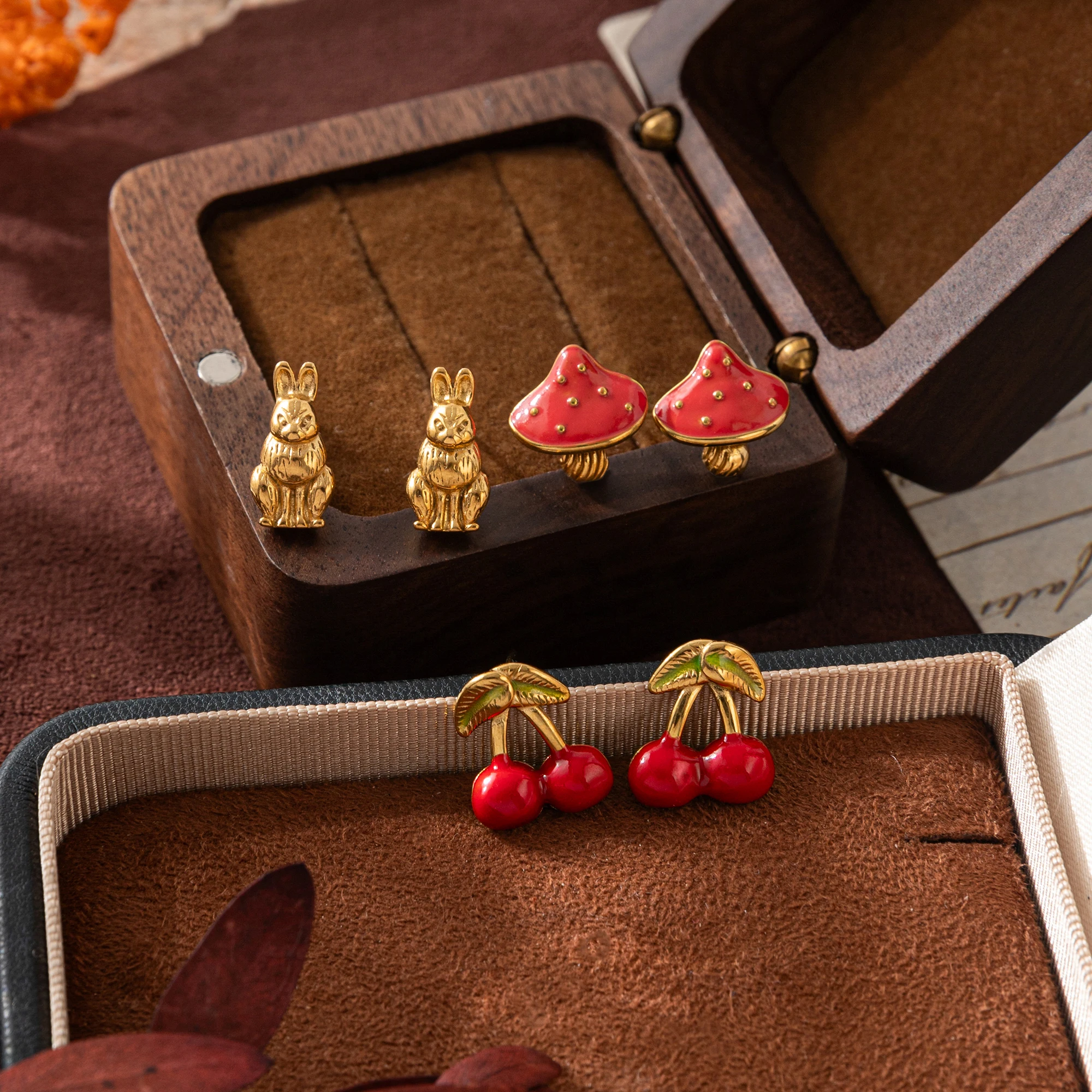

mushroom rabbit cherry earrings sweet and cute stainless steel plated 18k gold color retention