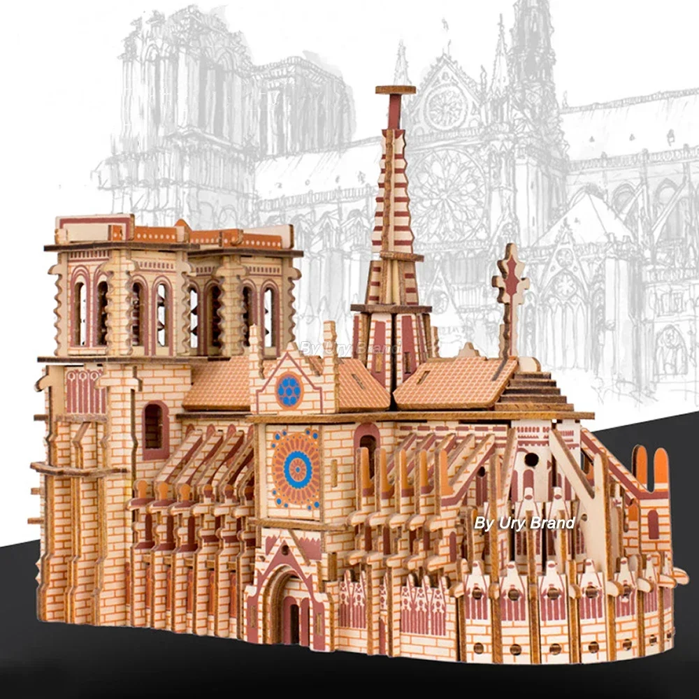 3D Wooden Puzzle Chinese Vintage Architecture Red Square Notre Dame De Paris Model DIY Kits Toys Desk Decoration Gifts for Kids