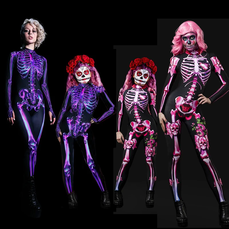 2023 Adult Kids Halloween Ghost Costume Horror Skull Printed Bodysuit For Women Girls Purim Day Of The Dead Party Outfits