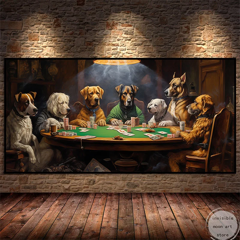 Funnyb Abstract Dogs Playing Poker At Table Poker Club Casino At Art Poster Canvas Painting Wall Prints Picture Room Home Decor