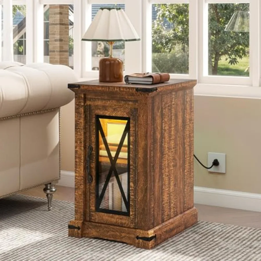 

Nightstand with Charging Station Farmhouse End Table Bedside Table with LED Lights and Adjustable Storage Shelf Sofa Side Coffe