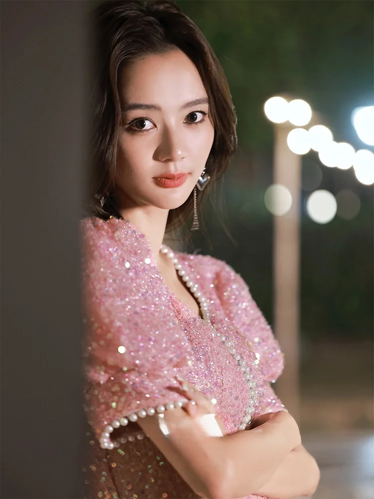

Ele ort Pink Evening Dr Women's Winter Faion Lady's Luxury Sequin ort Fi Tail Skirt Korean Sle Bubble Sve