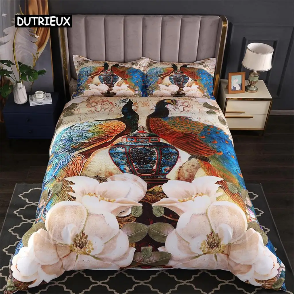 Luxury Pink Peacock Duvet Cover Floral Bedding Set Retro Peacock Animal Feather Theme Comforter Cover For Bedroom Decoration