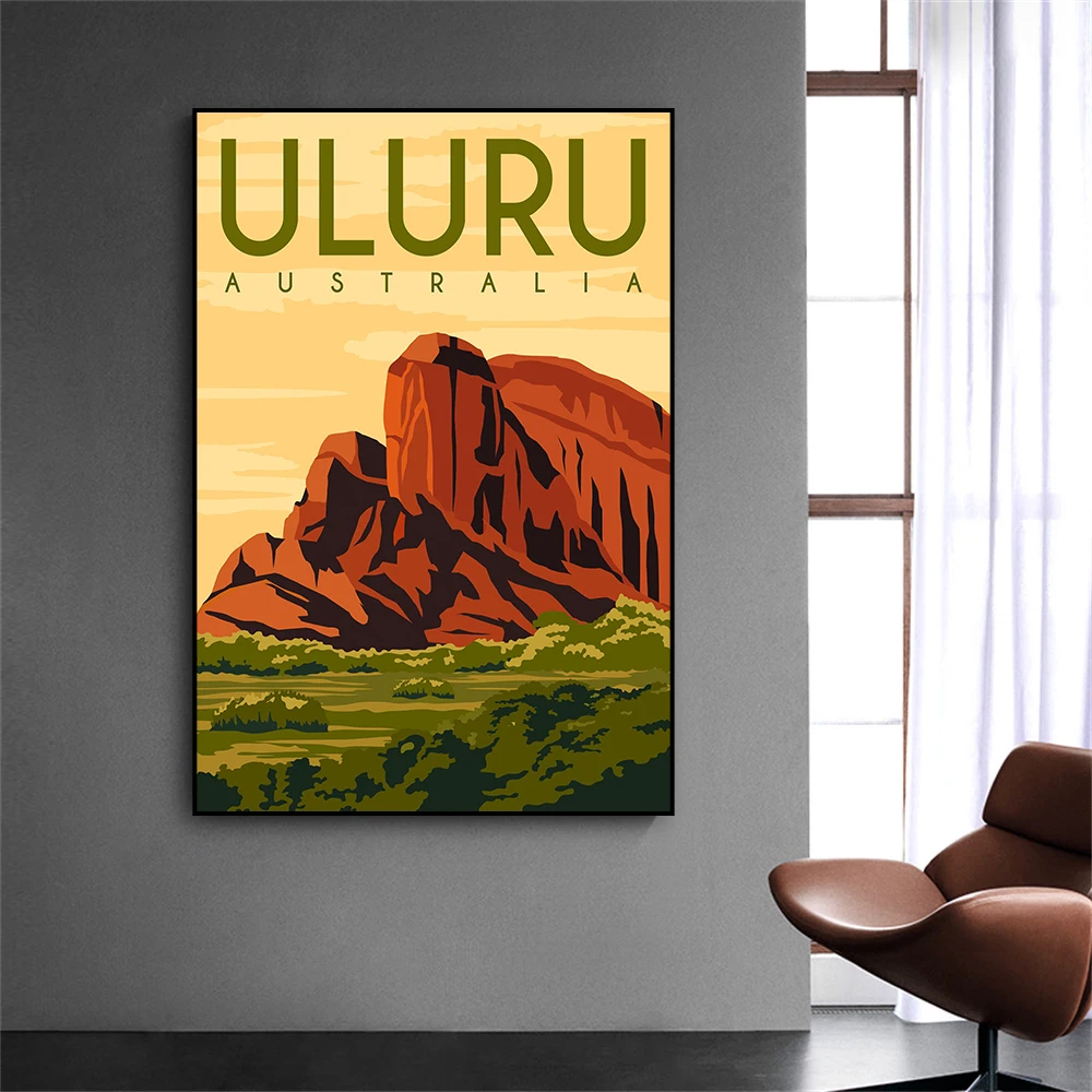 Vintage ULURU Travel Poster Australia Cityscape Wall Art Prints Retro Landscape Office Travel Canvas Painting Reading Room Decor