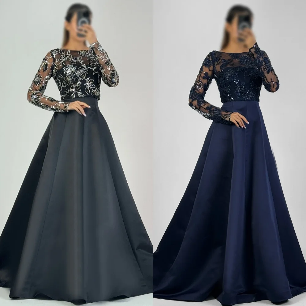 

Customized Modern Style Classic Charmeuse Sequined Pleat A-line Scoop Neck Long Dresses Bespoke Occasion Dresses Sizes Available