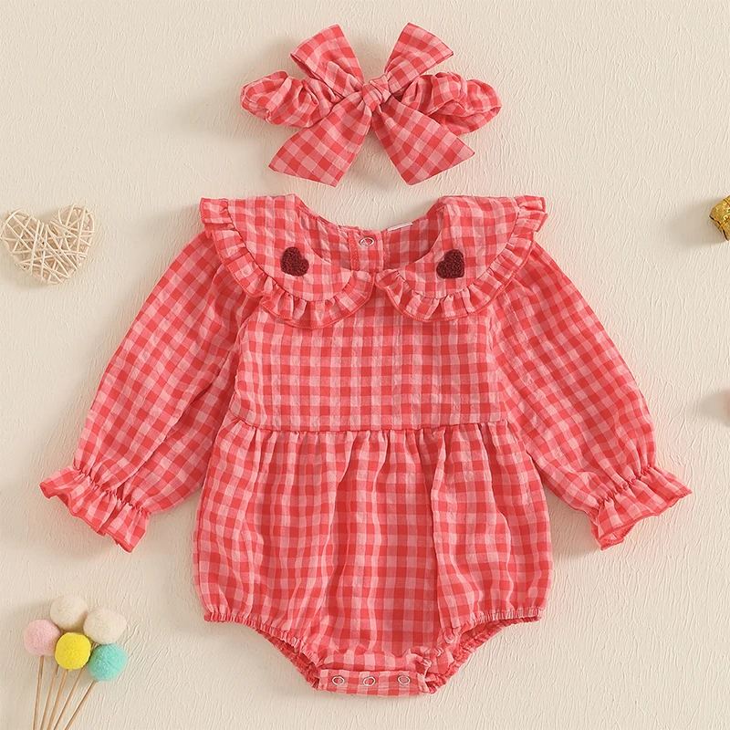 EWODOS Baby Girls Autumn Red Outfits with Bow Headband Love Heart Plaid Pattern Crew Neck Long Sleeve Doll Collar Infant Rompers