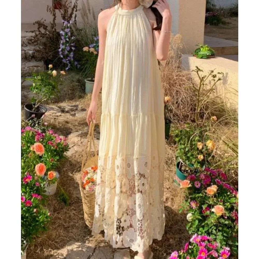 Retro Elegant Embroidered Lace Hollow Out Dresses Sets Sexy Halter Casual Vestidos Slim Women Beach Vacation Summer Clothing