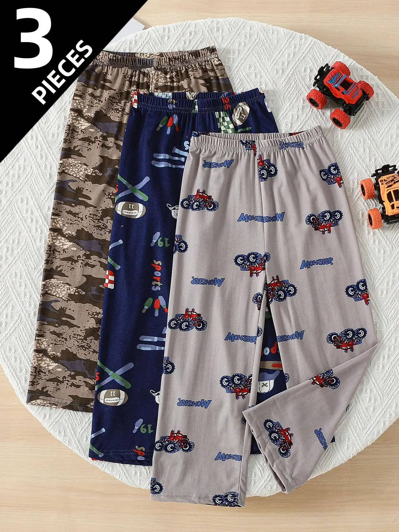 

Комплект из 3-х детских повседневных брюк прямого кроя с принтом автомобилей и спортивных элементов, из мягкой хлопковой смеси, для детей 4-12 лет