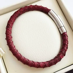 ER Genuine Python Leather Bracelet with Stainless Steel Clasp Buckle Bangle for Men Women