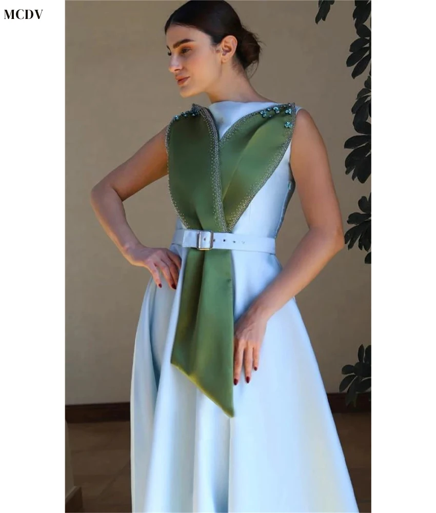 Customized Temperament Satin A-Line Crystal Belt Evening Dress Delicate O-neck Sleeveless Ankle Length Bespoke Occasion Gowns