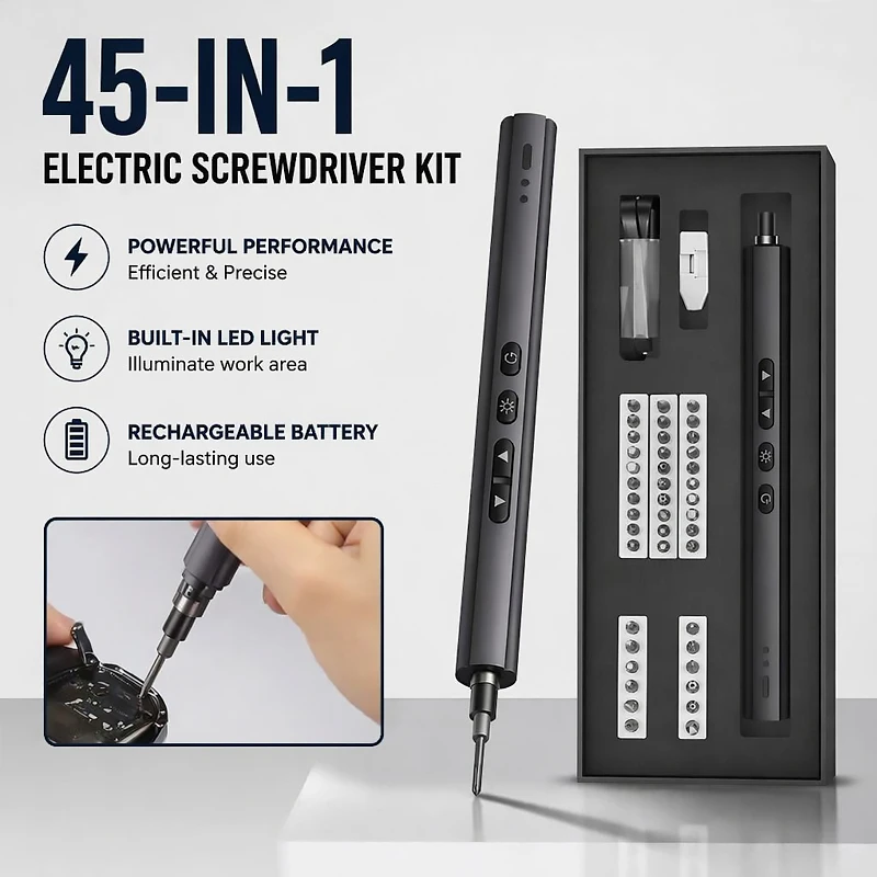 45-in-1 Portable Electric Screwdriver Set Built-in Bright LED Light Rechargeable Mini Repair Kit High Hardness S2 Steel Bits