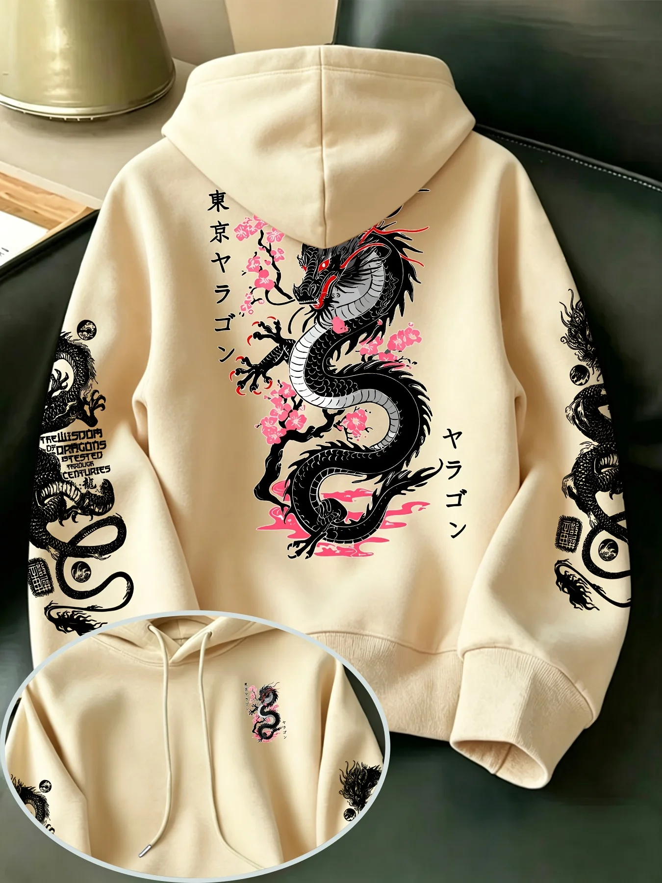 Herren-Hoodie im japanischen Stil mit Tokyo-Drachen-Kirschblüten-Grafikdruck, Oversized-Sweatshirt, asiatische Streetwear, Herbst-Winter-Oberteil – Detail 5