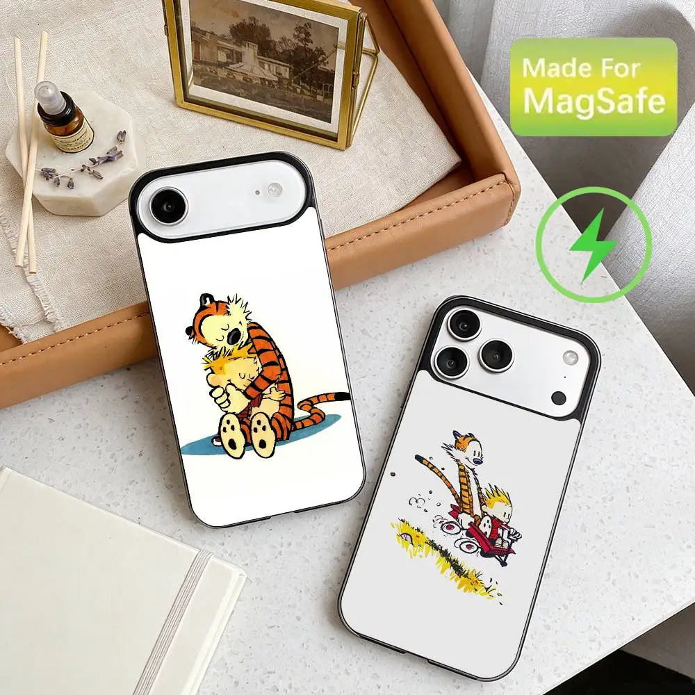 

Minimalist Comic Charm Calvin And Hobbes Phone Case For iPhone17,16,15,14,13,12,Wireless charging protective case soft cover
